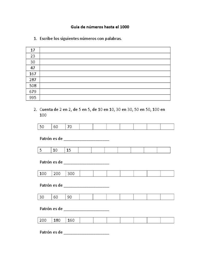 Guía de Números hasta el 1000 | PDF | Métodos y materiales de enseñanza