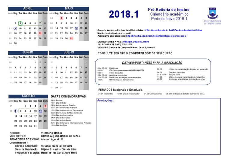 Calendario 2018.1 Ufcg PRE | PDF | Violência