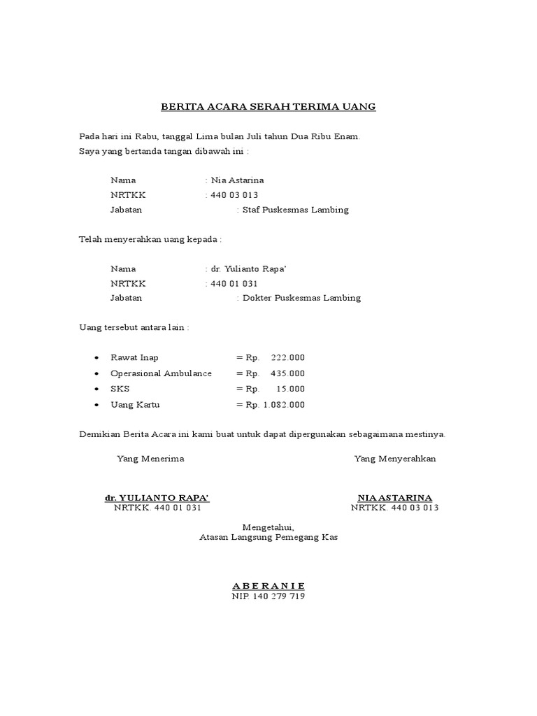 Berita Acara Serah Terima Uang