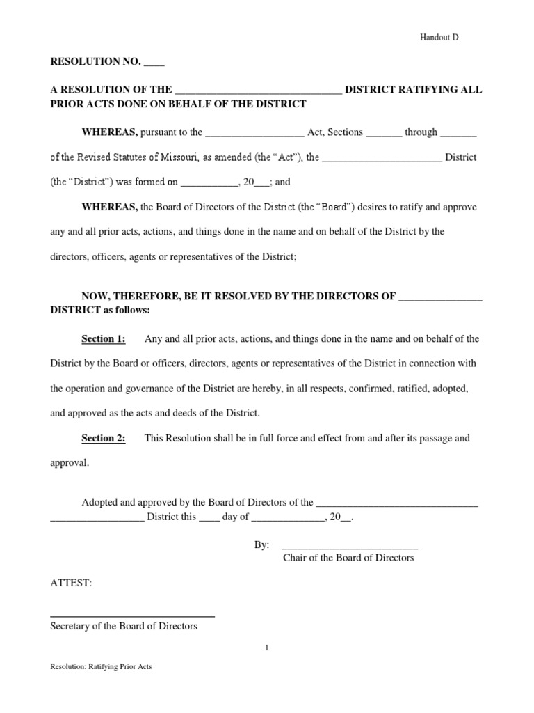 Handout D - Resolution Ratifying Prior Acts | PDF
