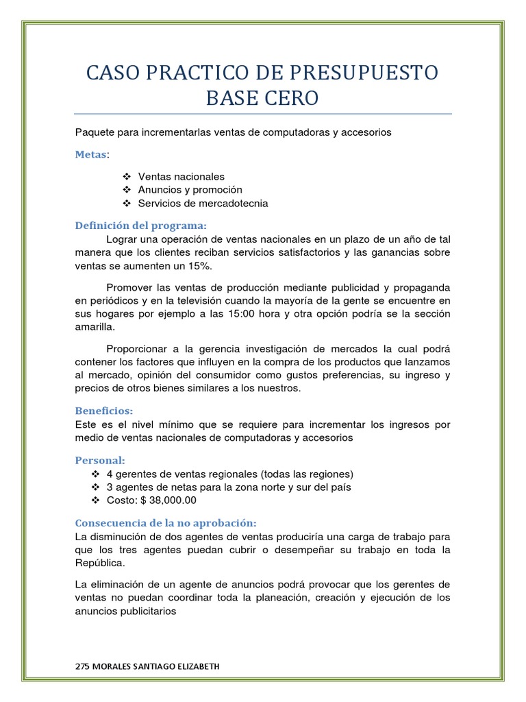 Caso Practico De Presupuesto Base Cero Presupuesto Publicidad