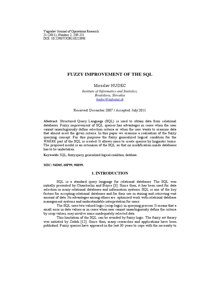 Fuzzy SQL Query Improvement Techniques | PDF | Fuzzy Logic | Databases