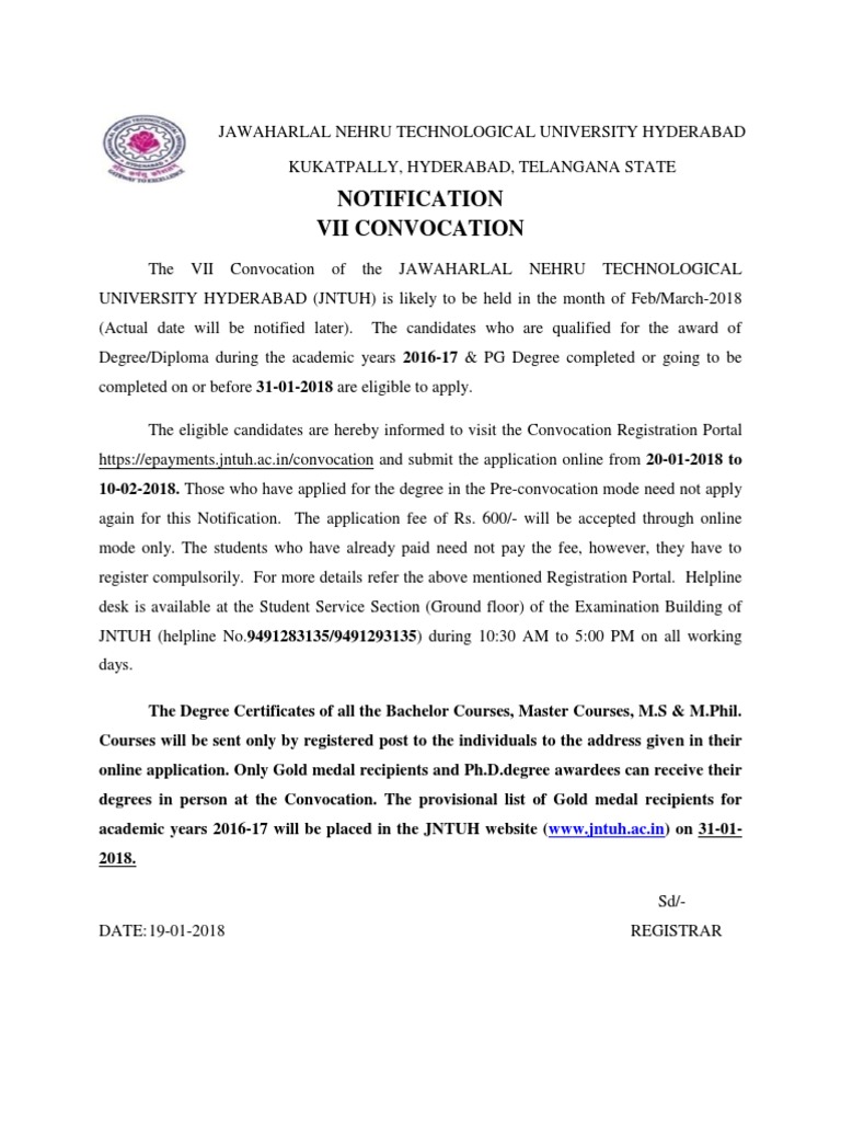 JNTUH VII Convocation Notice | PDF