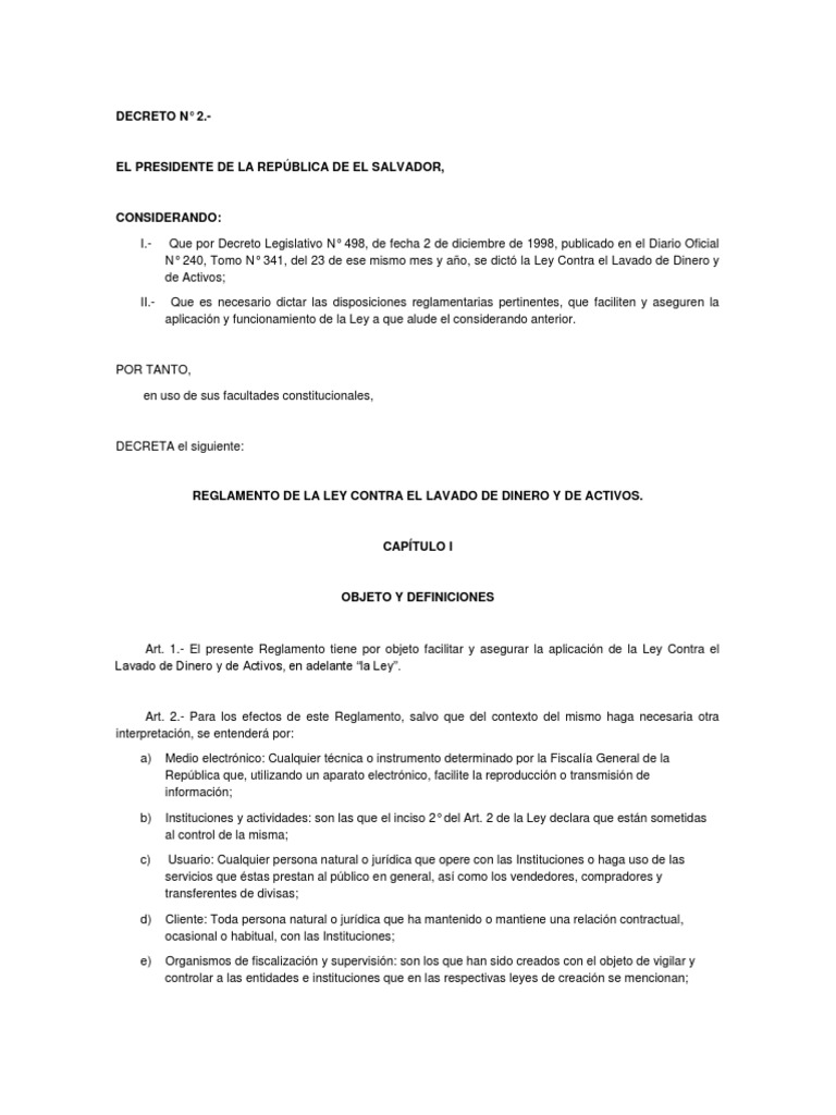 Reglamento de Lavado de Dinero en El Salvador | PDF | Efectivo | Bancos