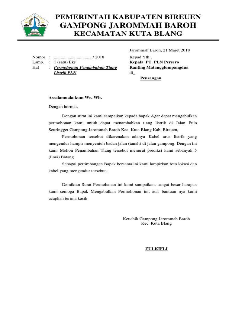 Contoh Surat Permohonan Tambah Tiang Listrik