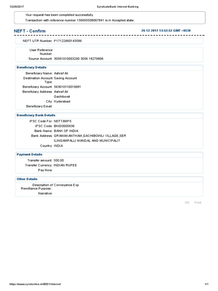 NEFT Confirmation for SyndicateBank Transaction | PDF