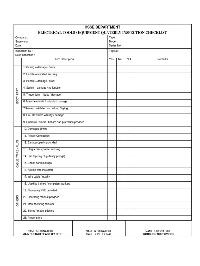 Electrical Tools Inspection Checklist | PDF