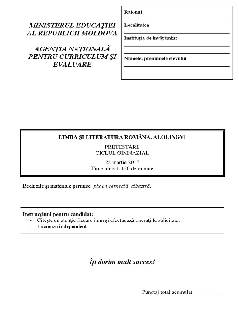 Test Pretestare L Rom. Clasa 9 | PDF