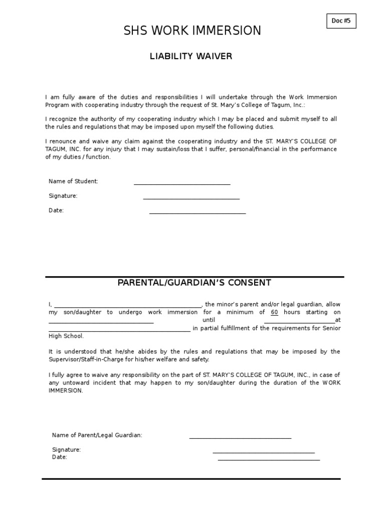 Work Immersion Liability Waiver | PDF