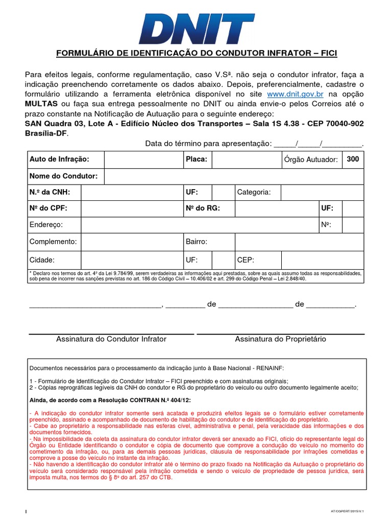 Formulário de Identificação do Condutor Infrator e Instruções para sua ...