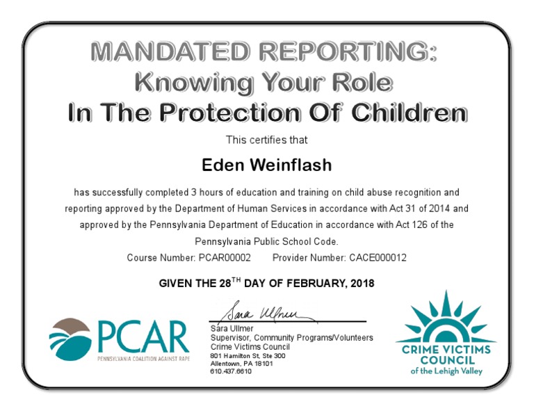 Mandated Reporter Certificate PDF Mandated Reporter Certificate PDF
