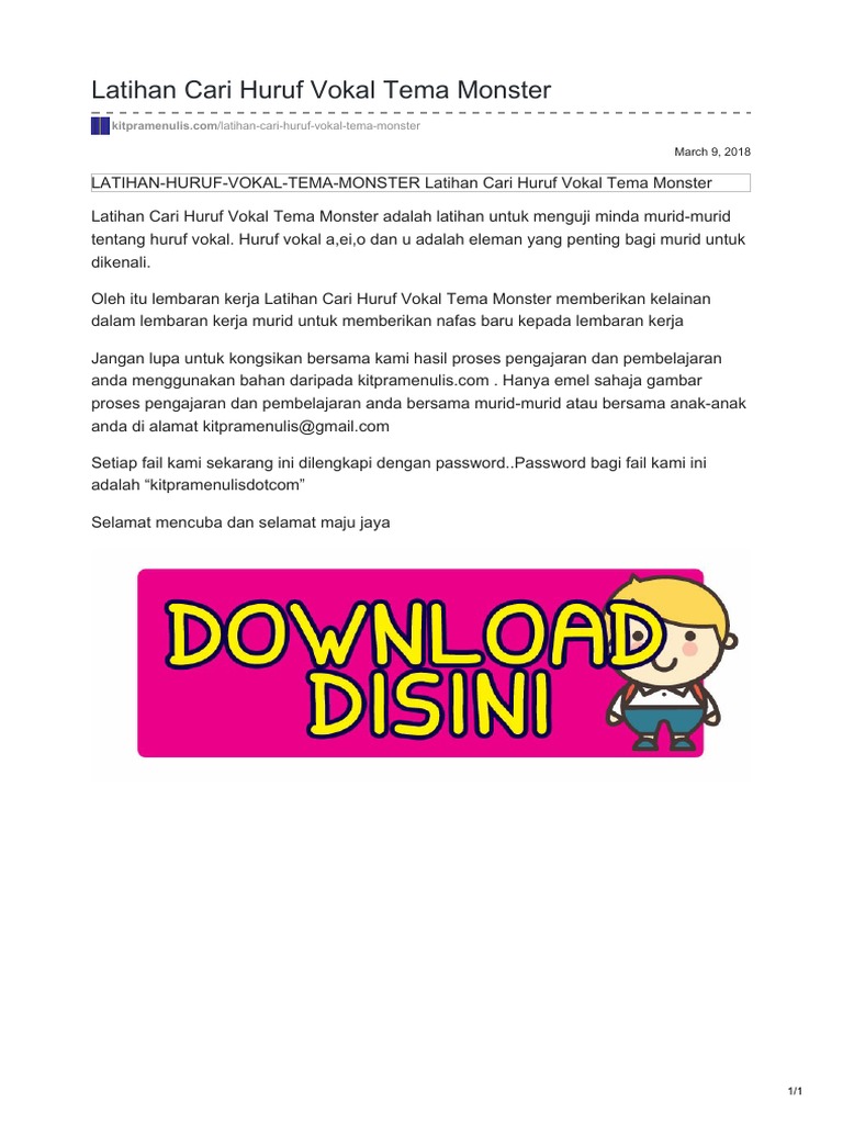 Latihan Cari Huruf Vokal Tema Monster Pdf