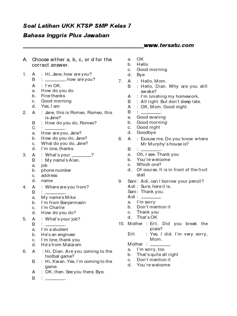 Soal Ukk SMP Bahasa Inggris Kelas 7 PDF | PDF