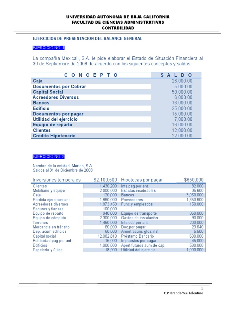 Ejercicios de Balance General