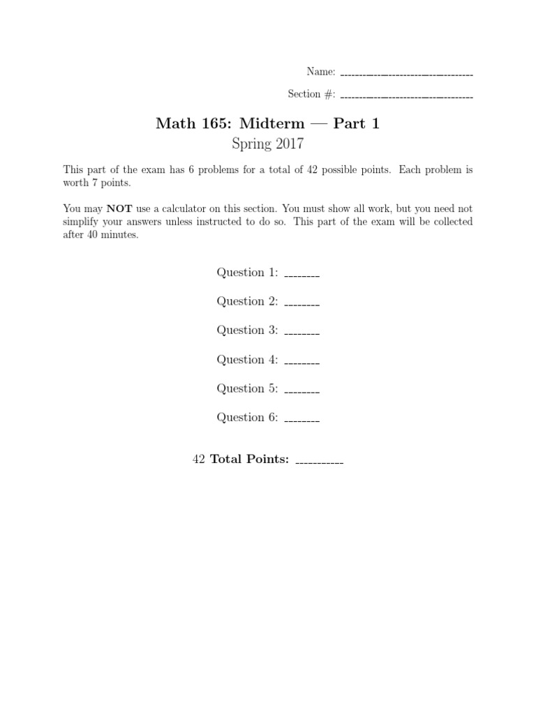 Math 165: Midterm - Part 1 Spring 2017 | PDF | Calculus | Mathematical ...
