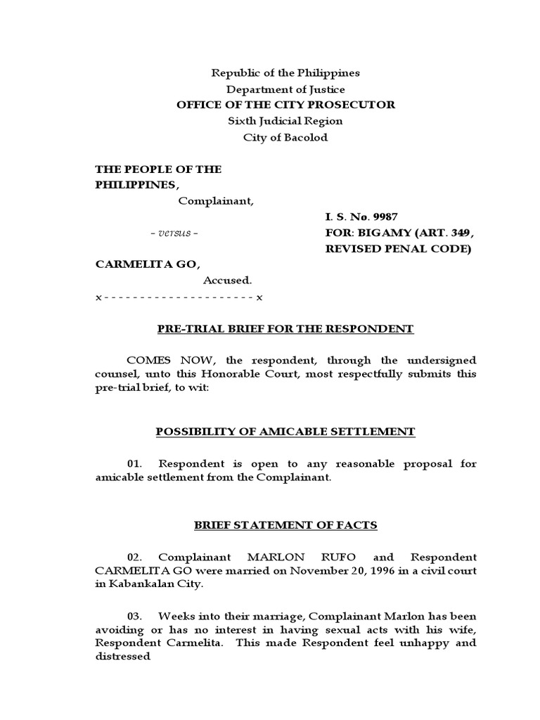 Pre-Trial Brief (Respondent) Sample | PDF | Witness | Prosecutor