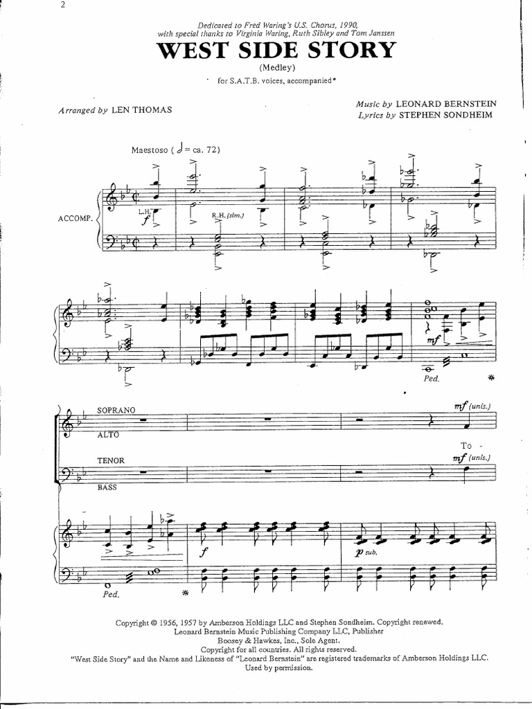 Bernstein Oeste Lateral Story Hoja Música Piano Solo Selecciones Medley Leonard Bernstein 