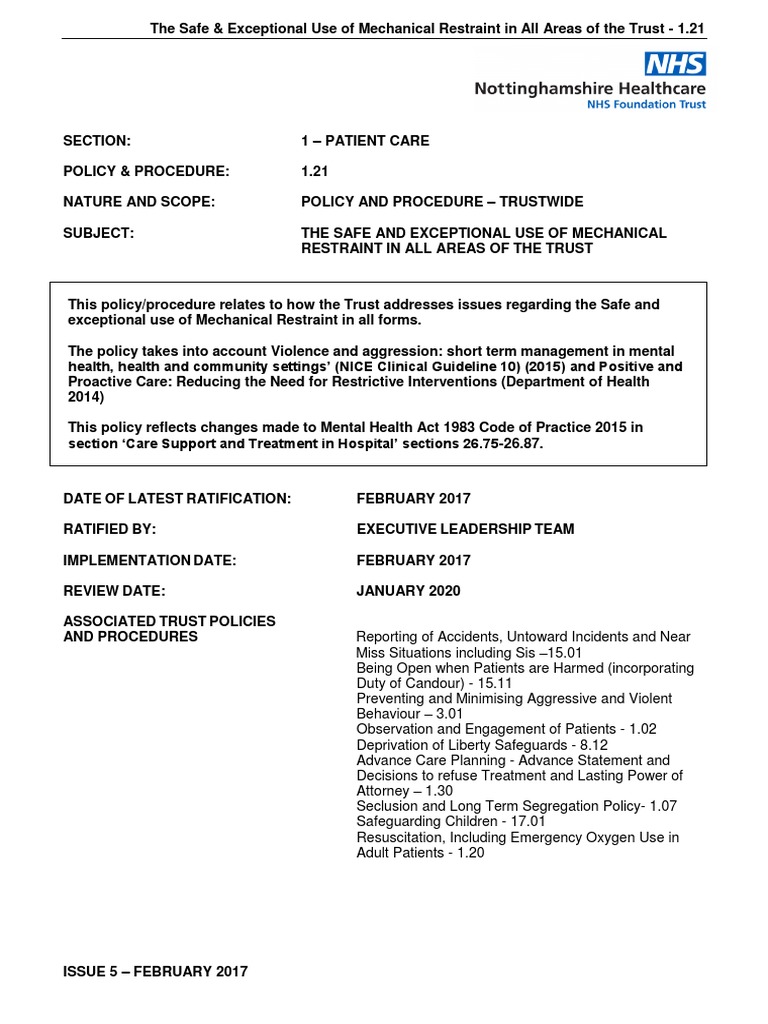 Safe Use of Mechanical Restraint Policy | PDF | Violence | National ...