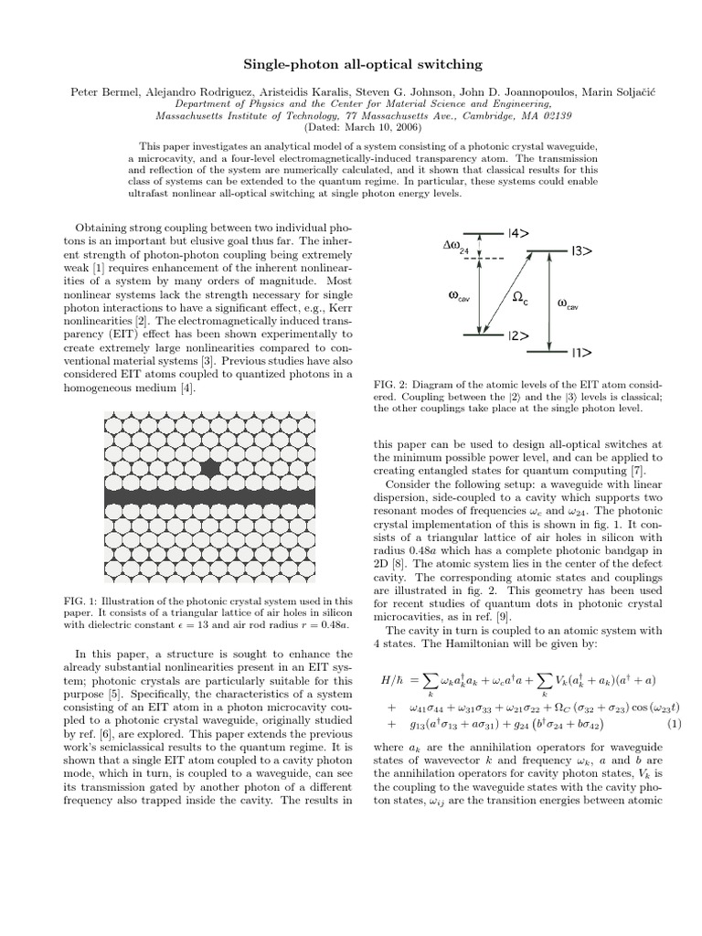 Single-Photon All-Optical Switching | PDF | Photon | Optics