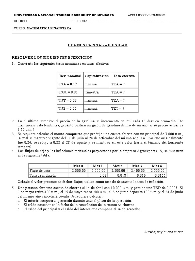 Examen Parcial de Matemática Financiera | PDF | Finanzas Matemáticas ...