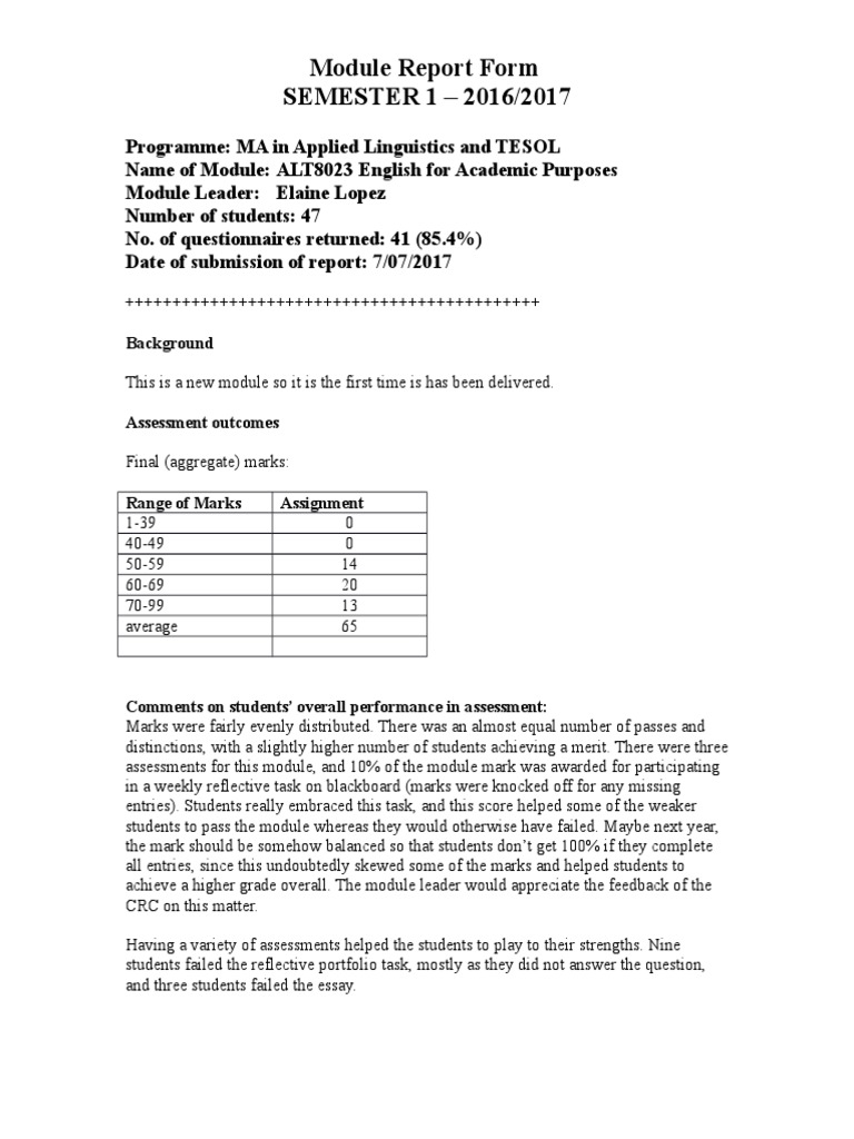 Module Report Form SEMESTER 1 - 2016/2017: Background | PDF | Lecture ...