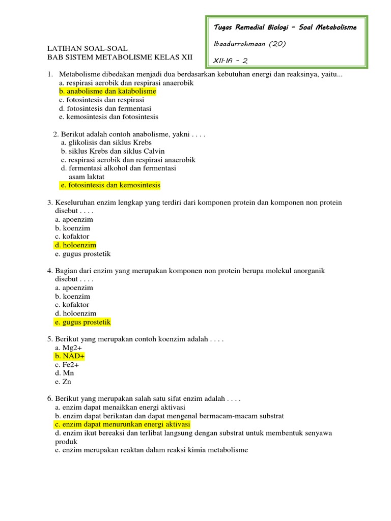Ibadurrahman Soal Metabolisme