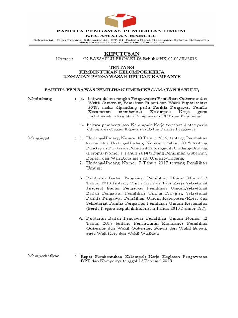 contoh SK Pokja Pengawasan Dpt