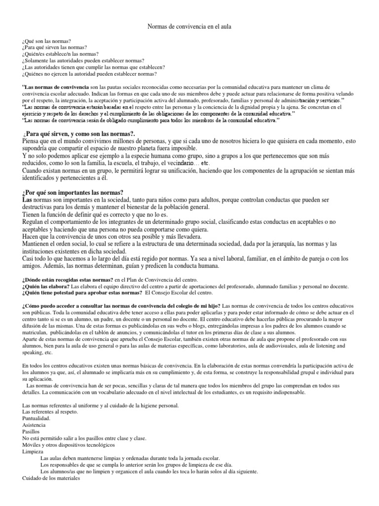 Normas de Convivencia en el Aula | PDF | Salón de clases | Maestros