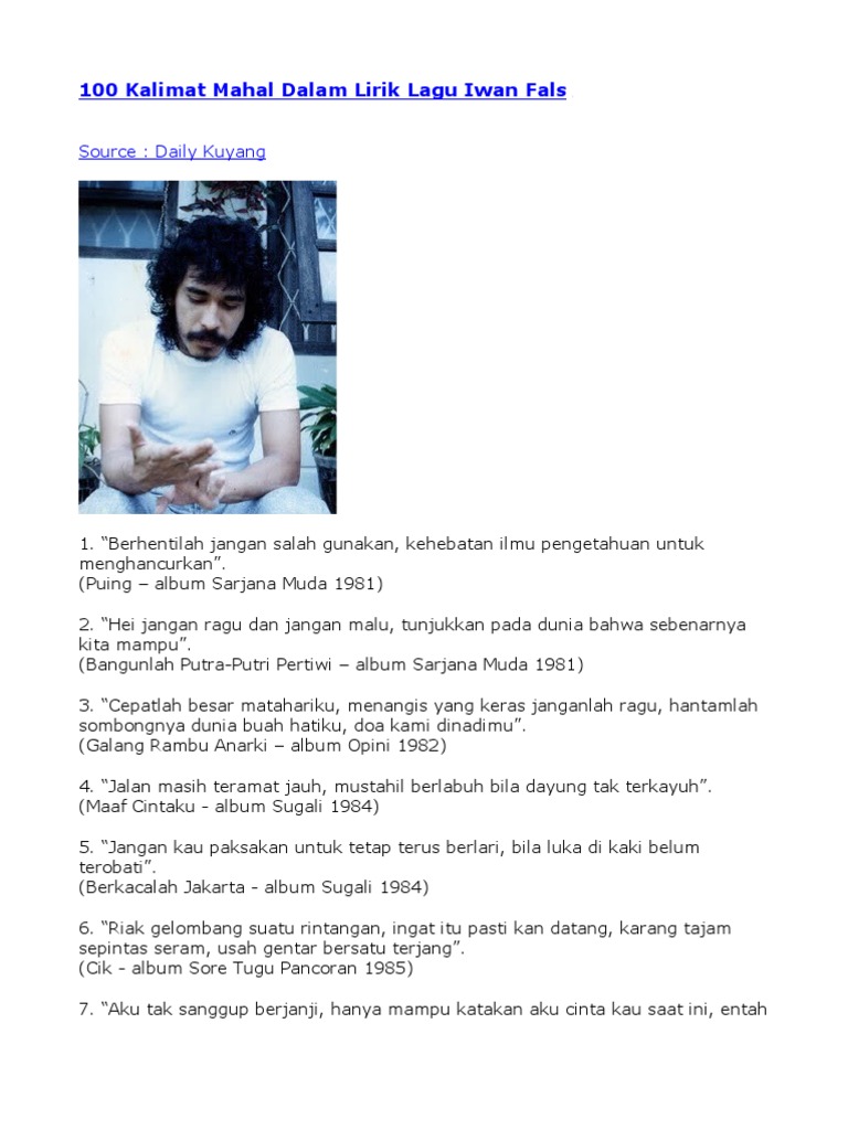 100 Kalimat Mahal Dalam Lirik Lagu Iwan Fals 100 Kalimat Mahal Dalam Lirik Lagu Iwan Fals