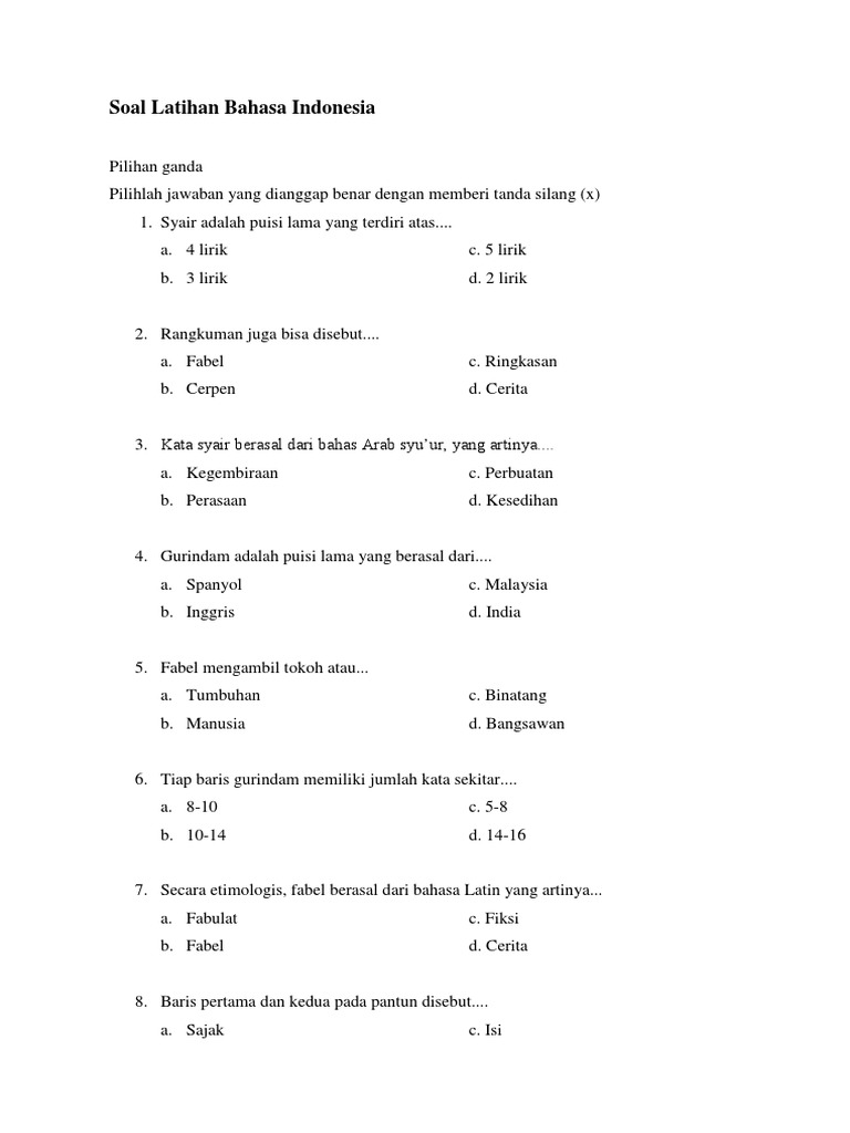 Soal Latihan Bahasa Indonesia Suci Docx