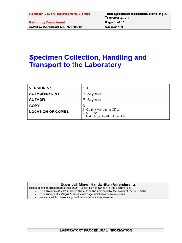 Specimen Collection and Transport Guide | PDF | Patient | Pathology