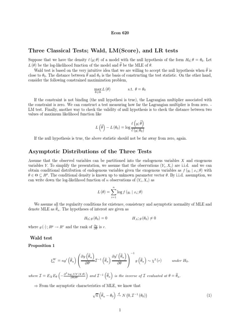 Three Classical Tests Wald, LM (Score), and LR Tests: Econ 620 | PDF ...