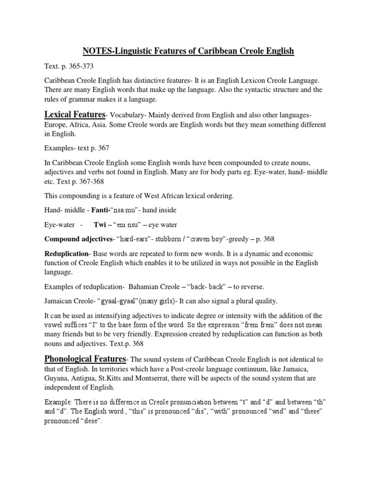 Linguistic Features of Caribbean Creole | PDF | English Language | Verb