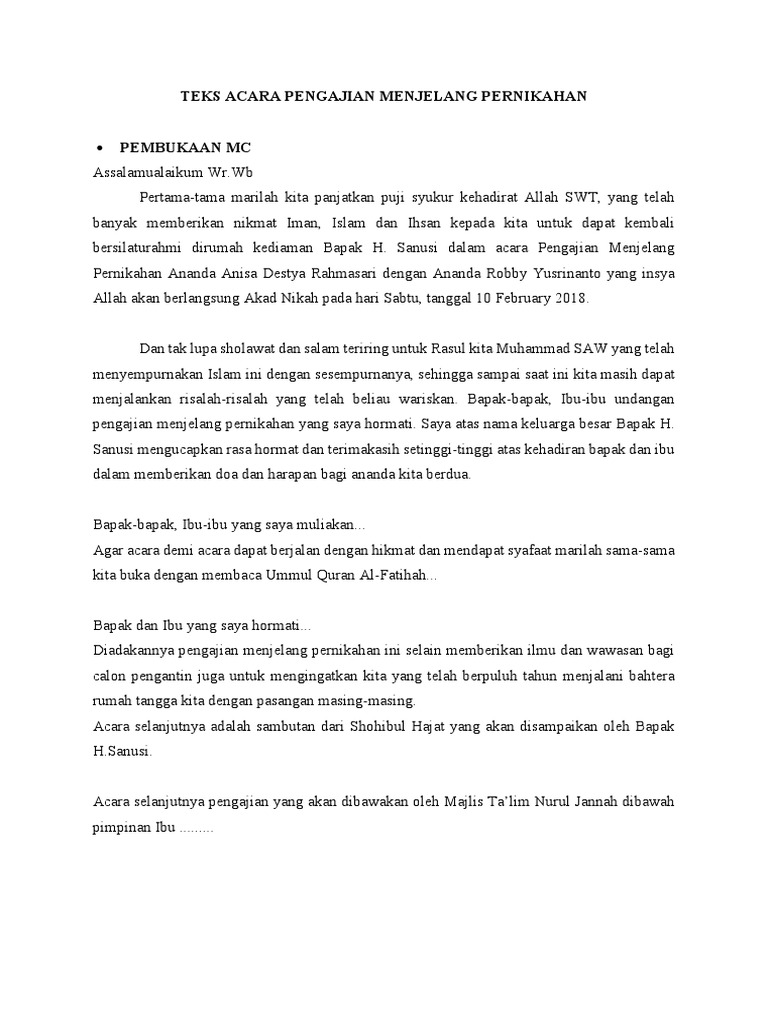Teks Acara Pengajian Menjelang Pernikahan