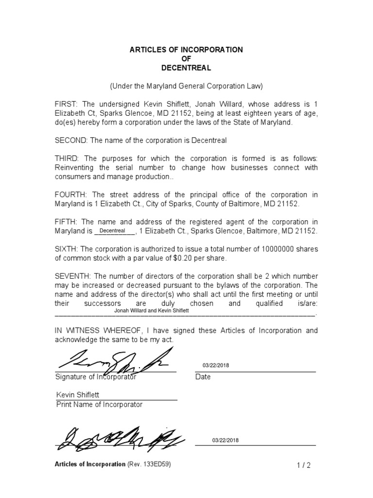 Maryland Articles of Incorporation PDF Registered Agent Corporations