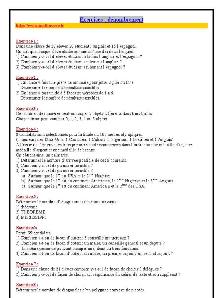 Exercices Denombrement De Enseignement Des Mathematiques