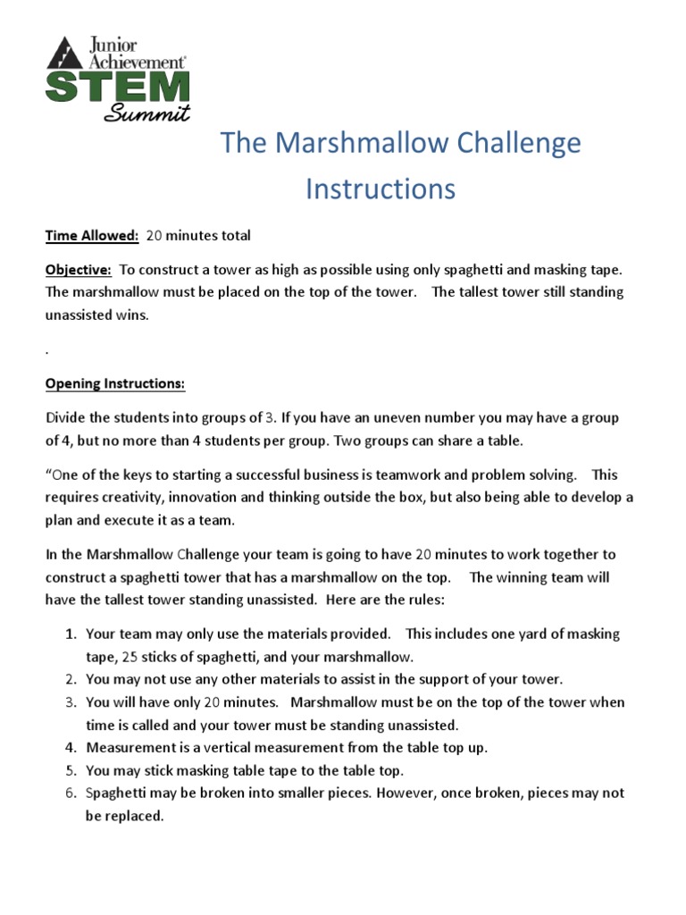 The Marshmallow Challenge Instructions Cognition Psychology