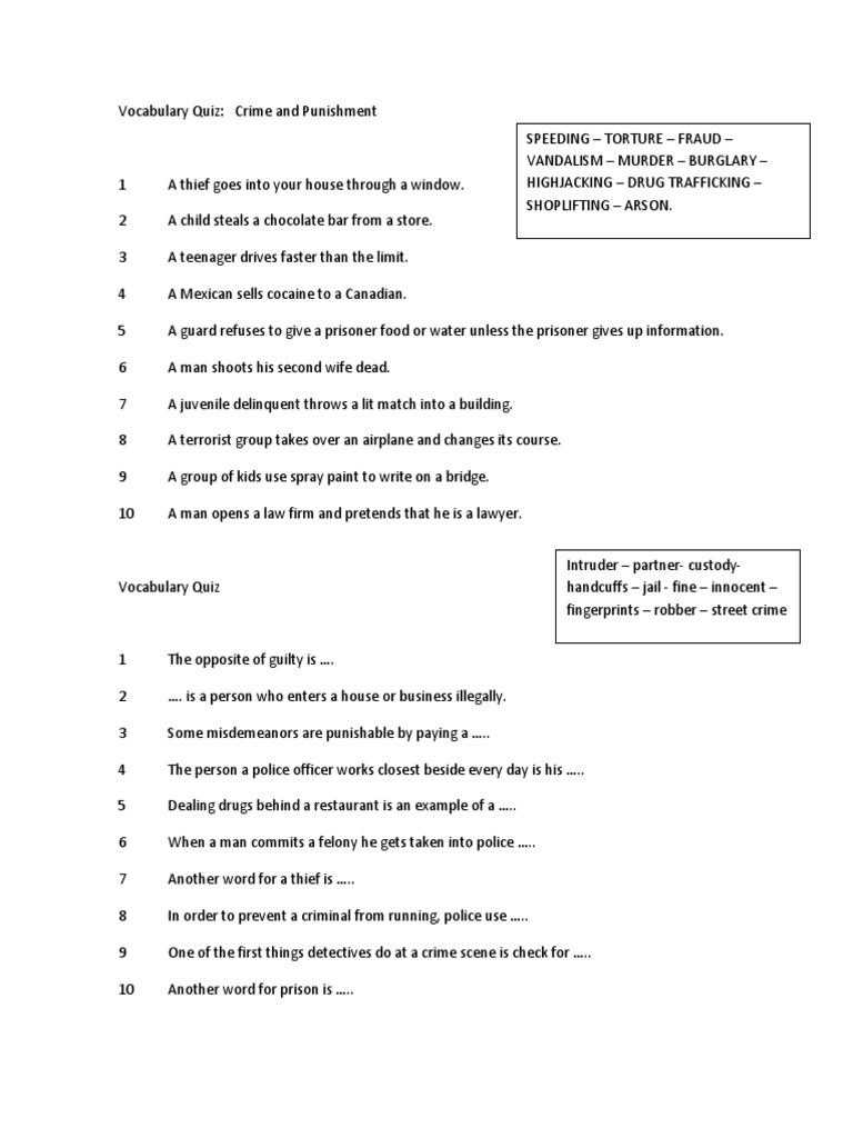 Crime and Punishment Vocabulary Quiz | PDF | Mystery, Thriller & Crime ...