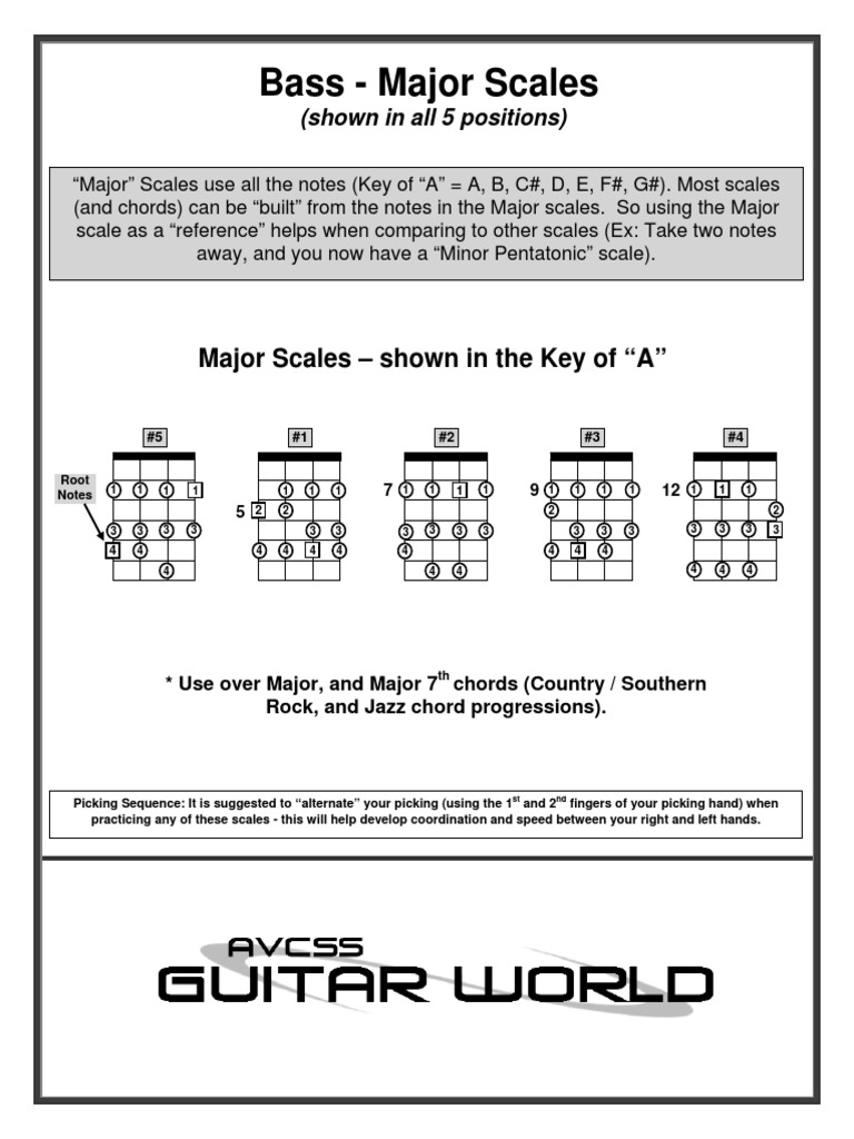 Bass Major Scales All PDF, PDF, Chord (Music)