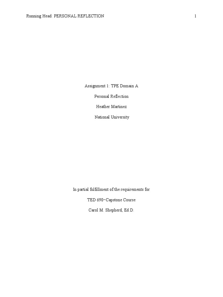 Running Head: Personal Reflection 1 | PDF | Teachers | Curriculum