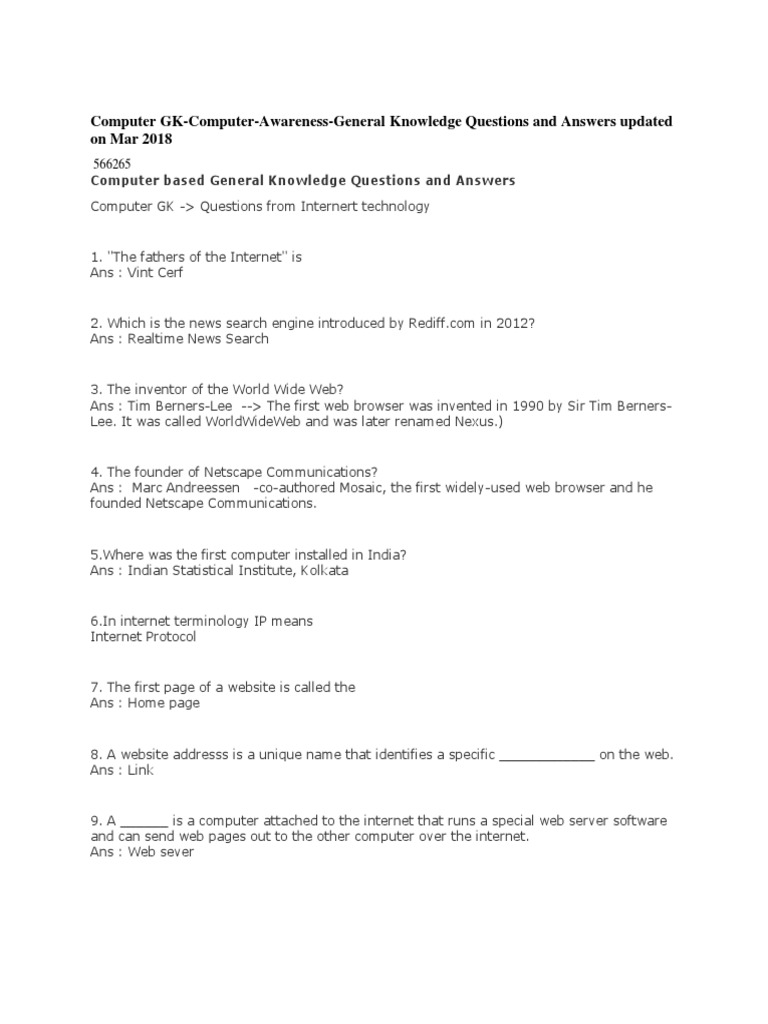 Computer GK: Internet Knowledge Quiz | PDF