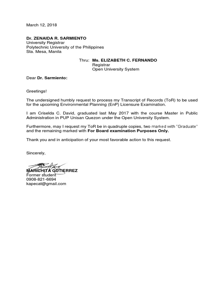Letter Request For TOR Marichita Gutierrez MPA | PDF