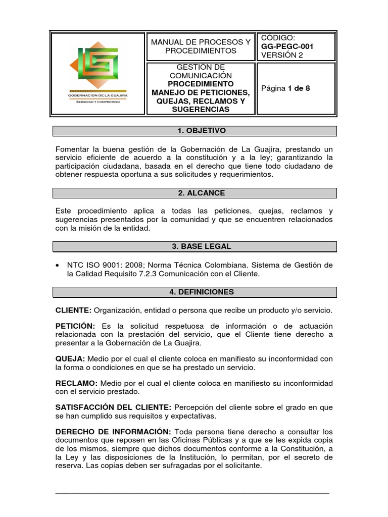 Procedimiento Manejo De Peticiones Quejas Y Reclamos Pdf Calidad Comercial Science