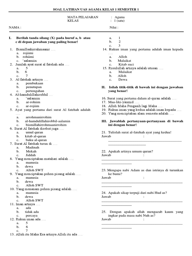 Soal Latihan Uas Agama Kelas 1 Semester 1 Pdf
