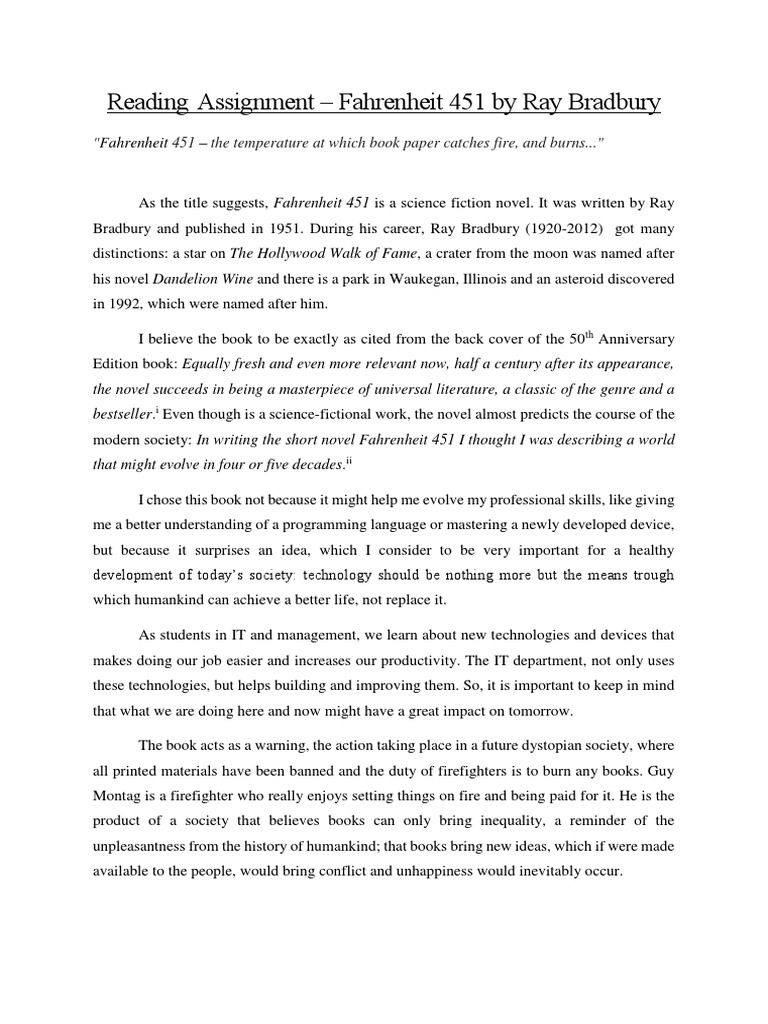 Summary Fahrenheit 451 Ray Bradbury Technology