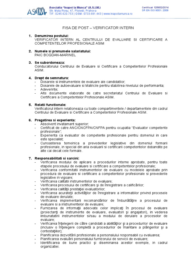 Fisa de Post - Verificator Intern | PDF