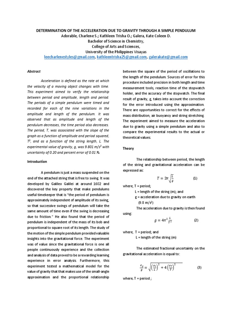 Determination Of The Acceleration Due To Gravity Through A Simple