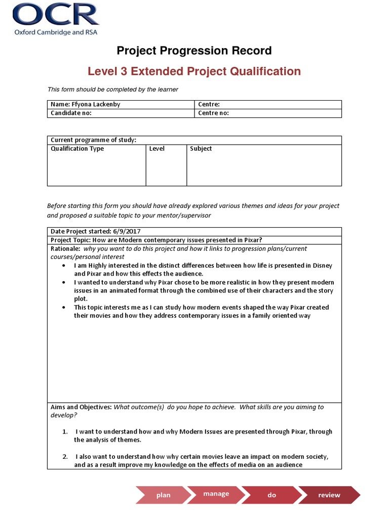 EPQ Project Progression Record | PDF | Pixar | Thesis