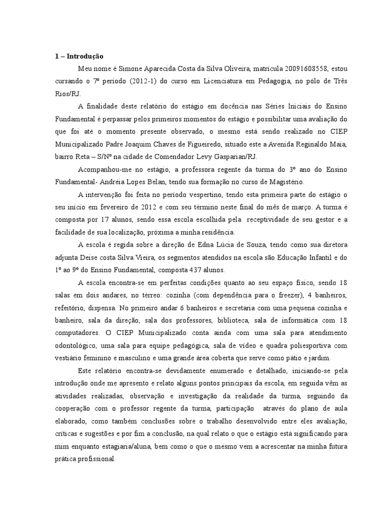 1 Relatório de Estágio 4 - Pronto | PDF | Lição | Aprendizado