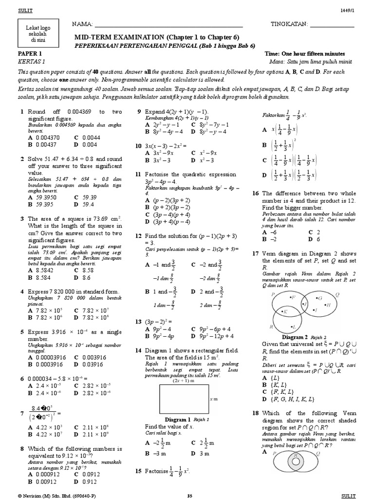 Maths F4 Mid-Term Examination (B) | PDF